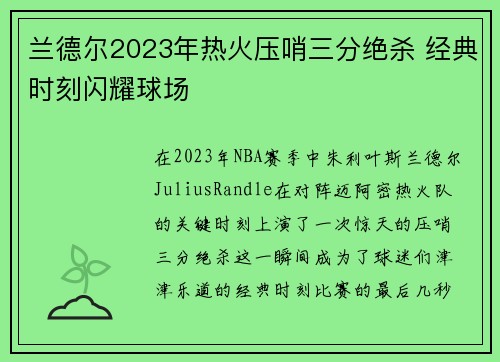 兰德尔2023年热火压哨三分绝杀 经典时刻闪耀球场