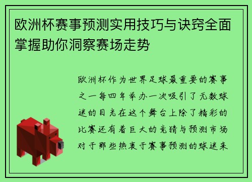 欧洲杯赛事预测实用技巧与诀窍全面掌握助你洞察赛场走势